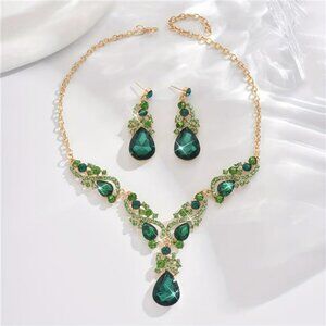 Green Necklace Earrings Dangle Drop Crystal Statement Wedding Bridal Jewelry Set